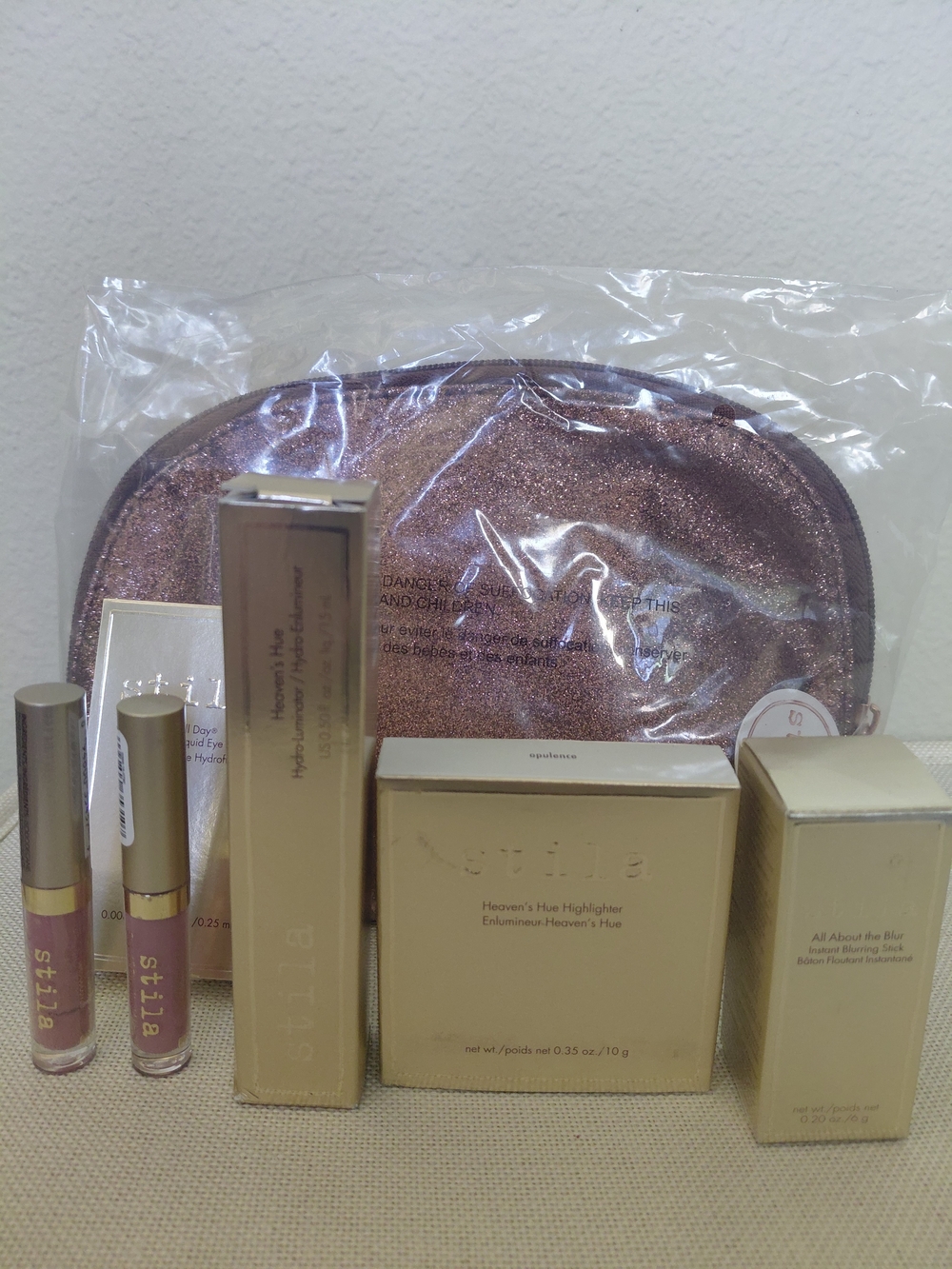 STILA  3 FULL Pc. 3 Deluxe Sample Rose Gold Makeup Set w Highlighter & Lip Color